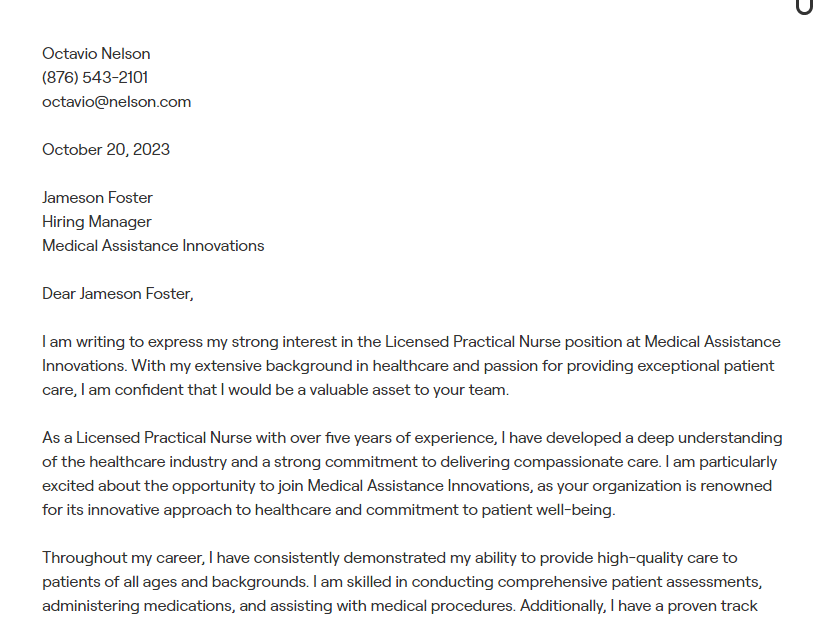 licensed practical nurse cover letter
