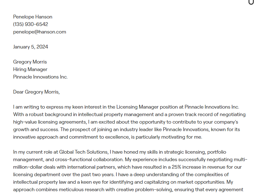 licensing manager cover letter