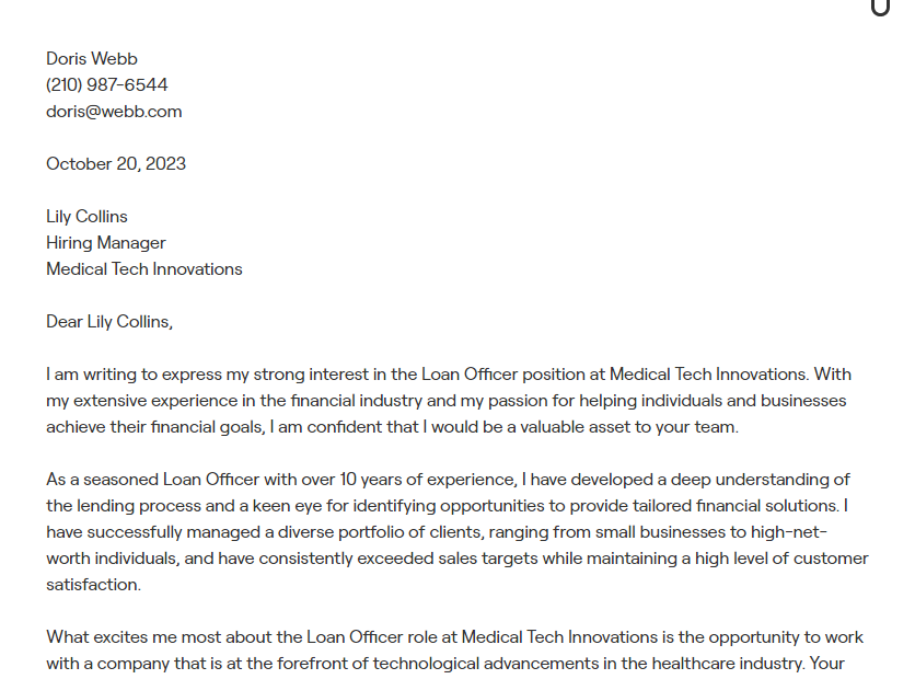 loan officer cover letter