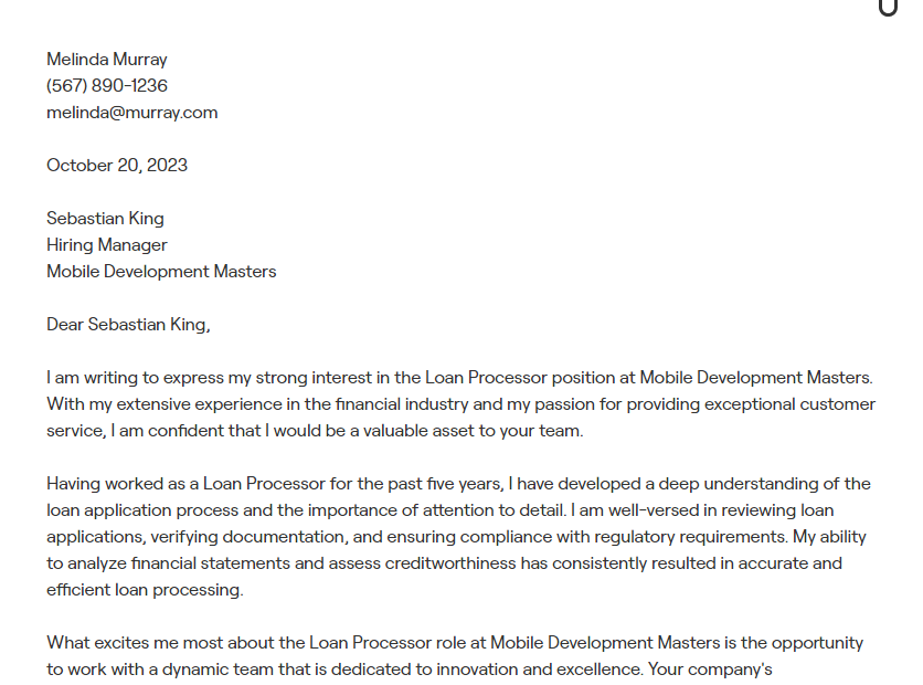 loan processor cover letter