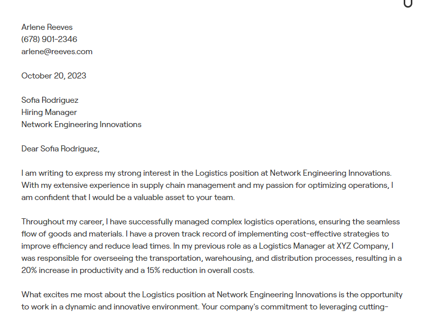logistics cover letter
