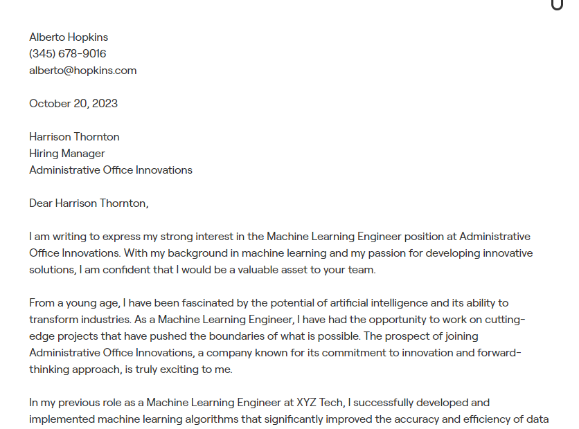 machine learning engineer cover letter