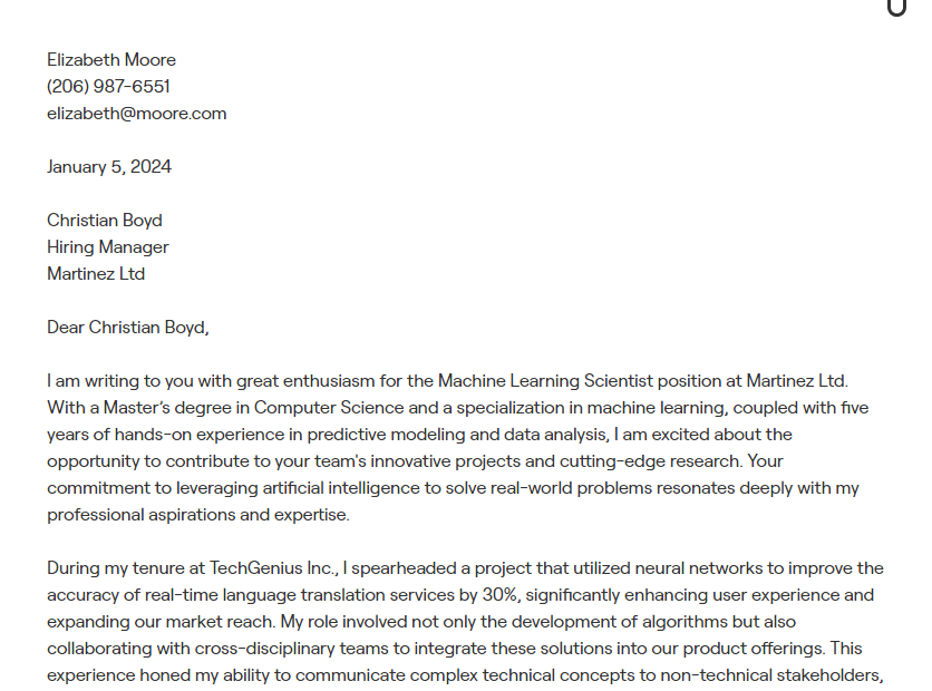 machine learning scientist cover letter