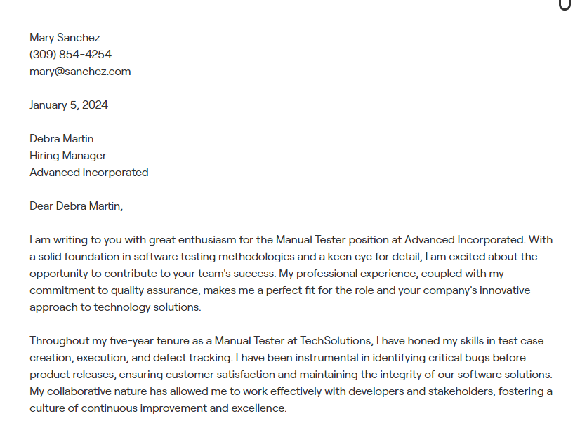 manual tester cover letter