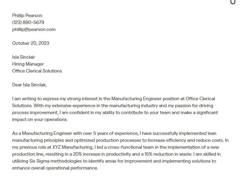 manufacturing engineer cover letter