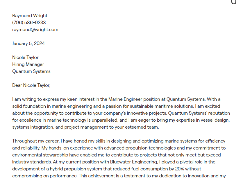 marine engineer cover letter