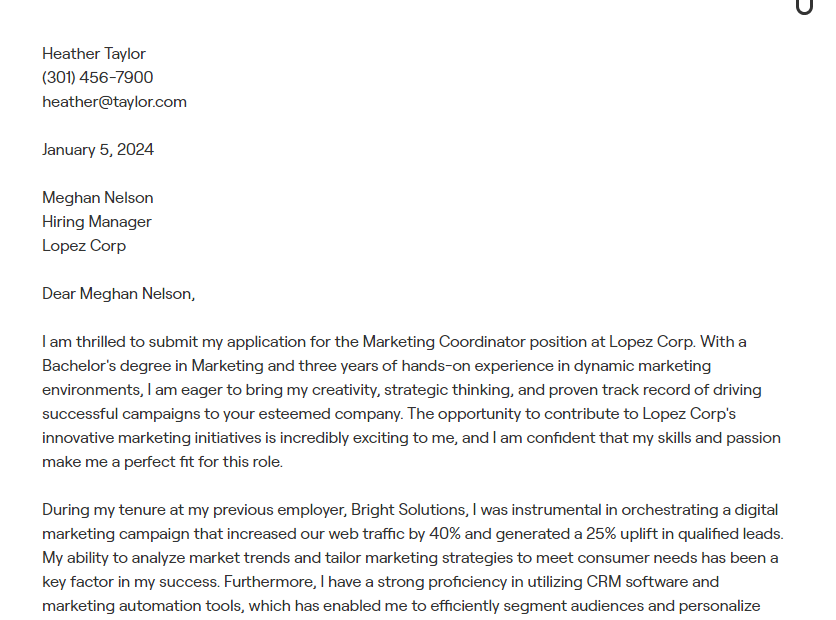 marketing coordinator cover letter