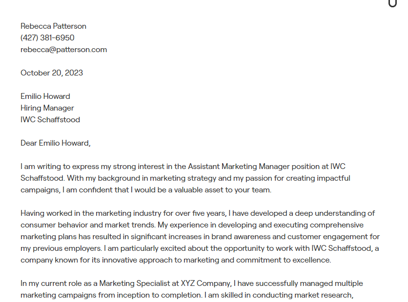 marketing manager cover letter