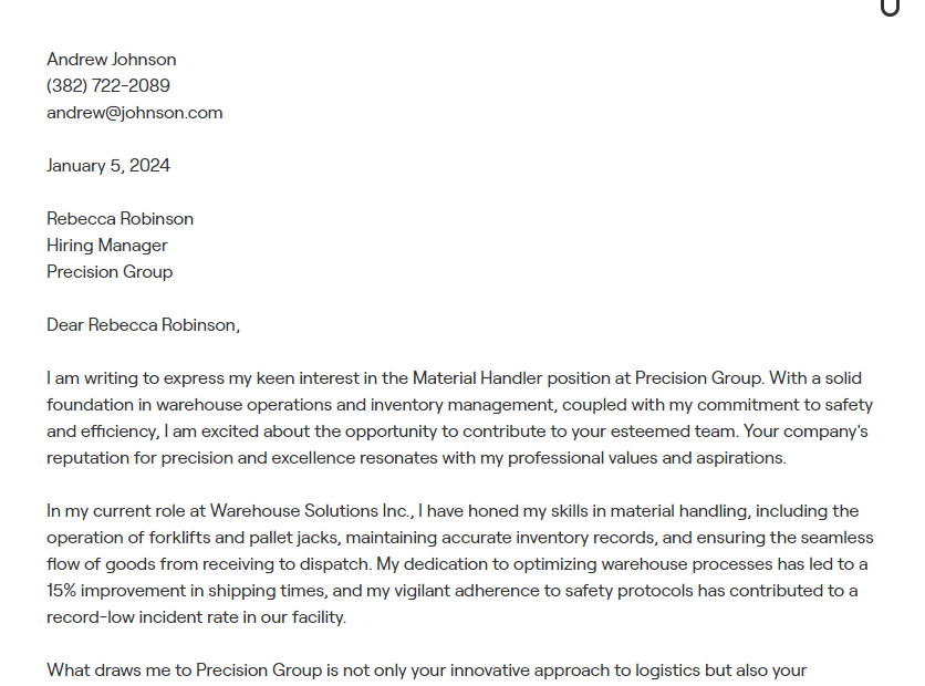 material handler cover letter