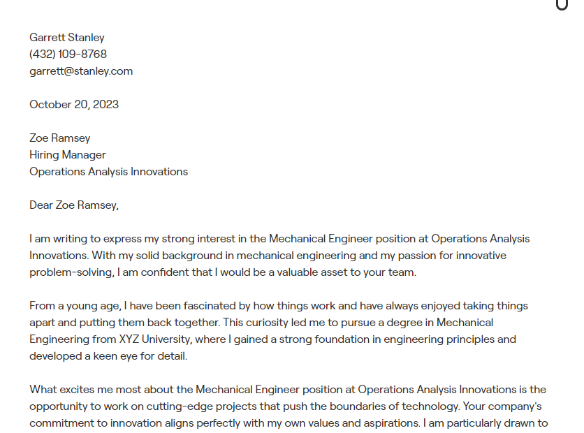 mechanical engineer cover letter