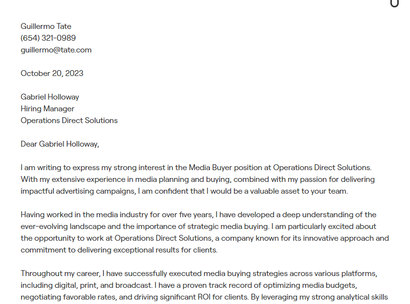 media buyer cover letter