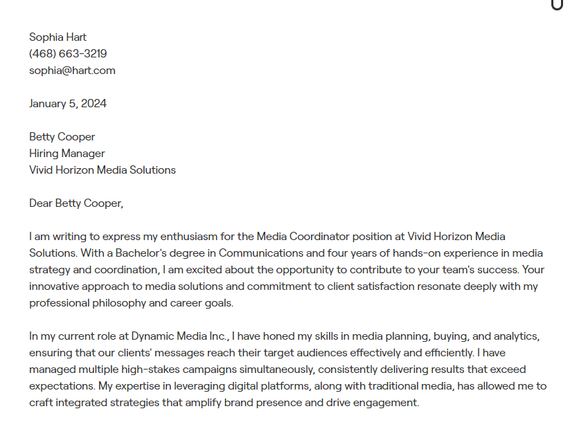 media coordinator cover letter