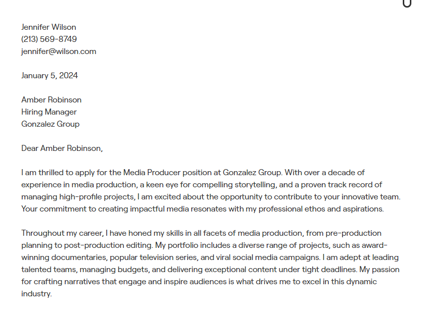 media producer cover letter