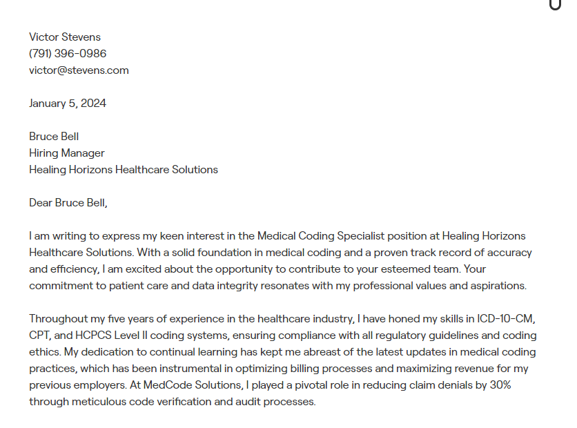 medical coding specialist cover letter