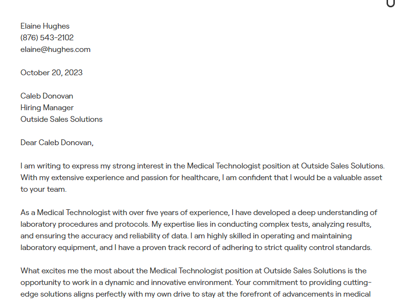 medical technologist cover letter