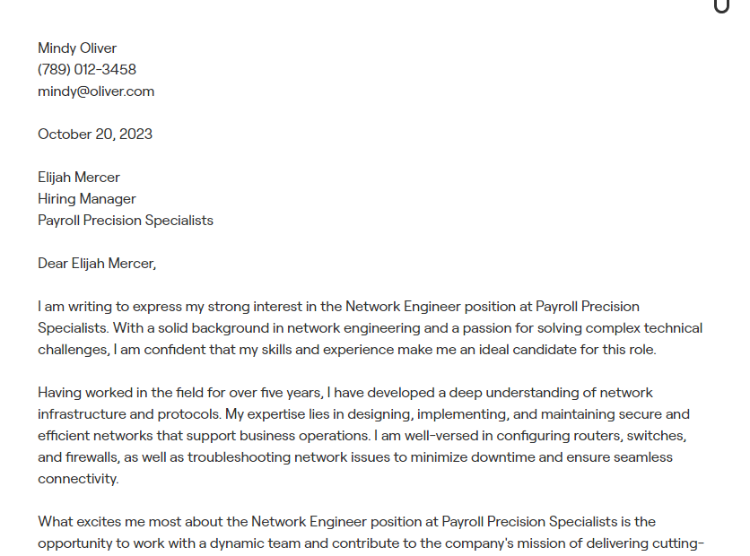 network engineer cover letter
