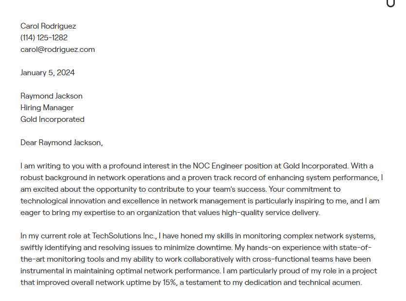 noc engineer cover letter
