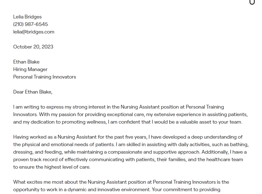 nursing assistant cover letter