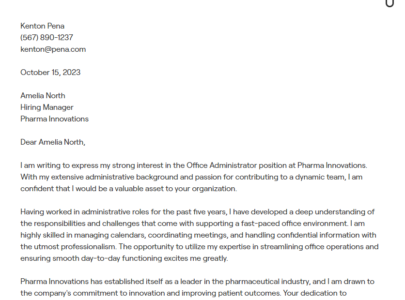 office administrator cover letter