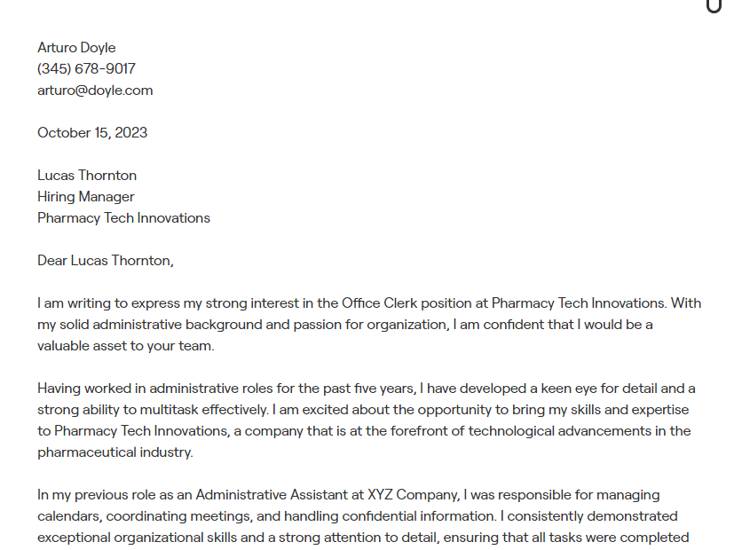 office clerk cover letter