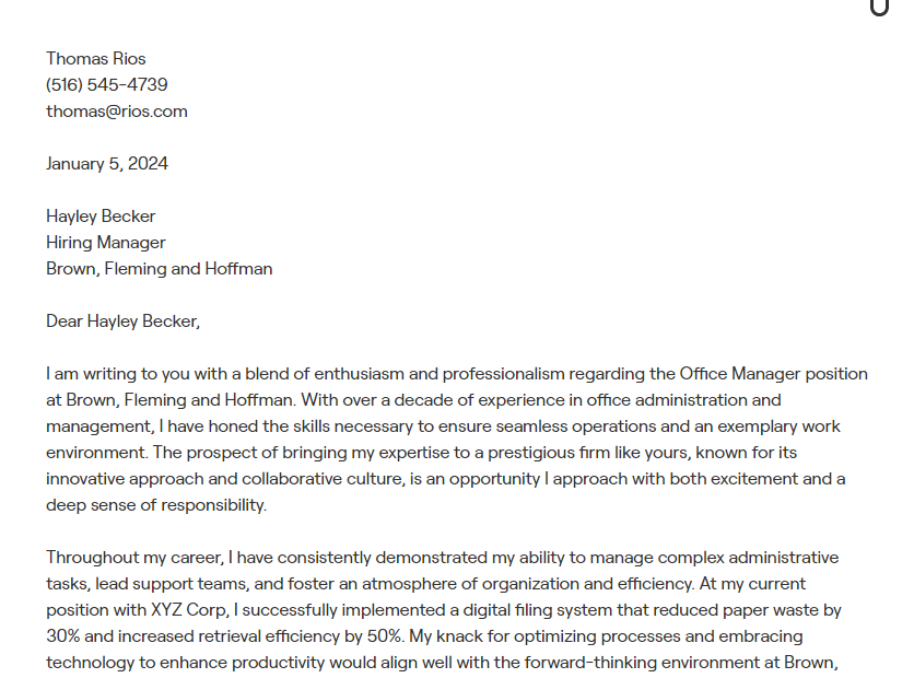 office manager cover letter