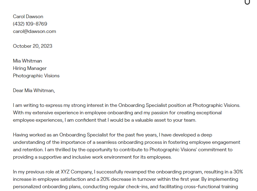 onboarding specialist cover letter
