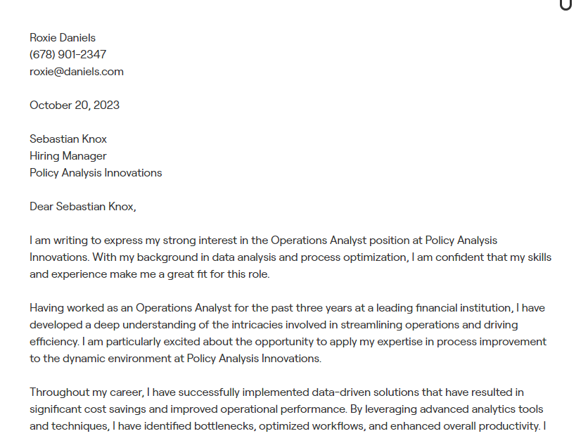 operations analyst cover letter