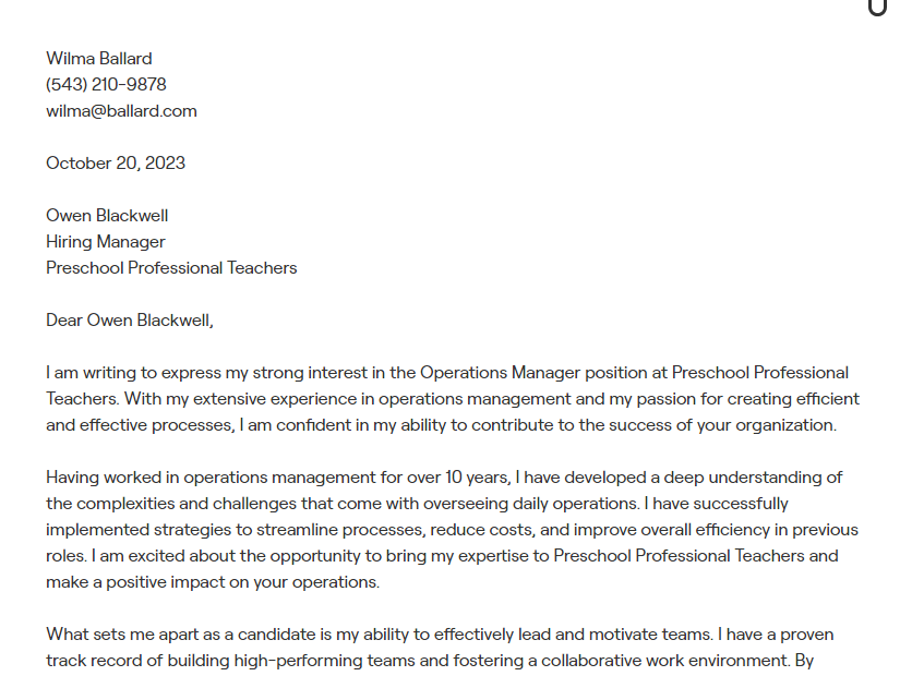 operations manager cover letter