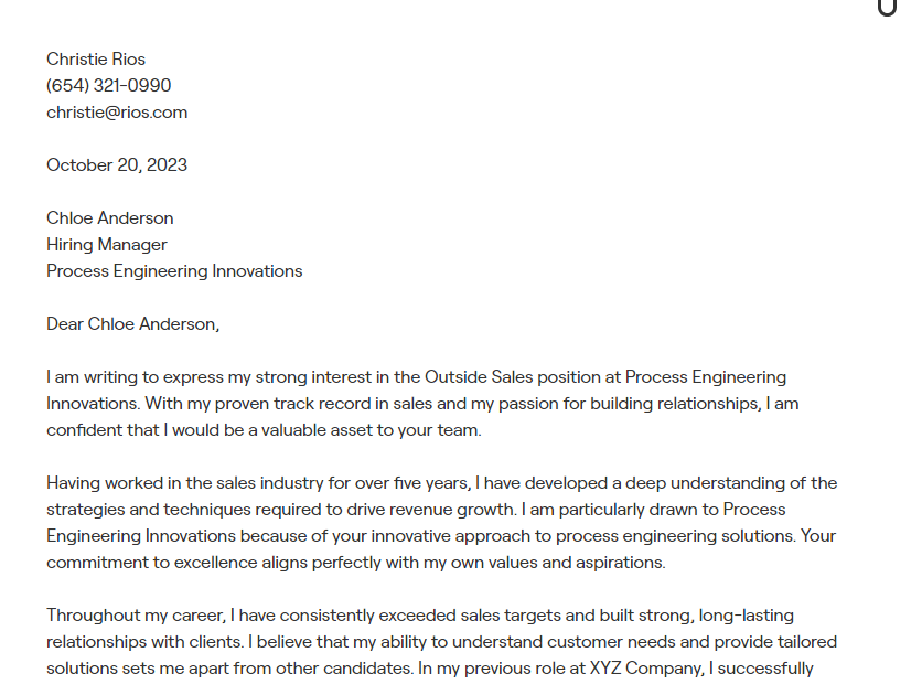 outside sales cover letter