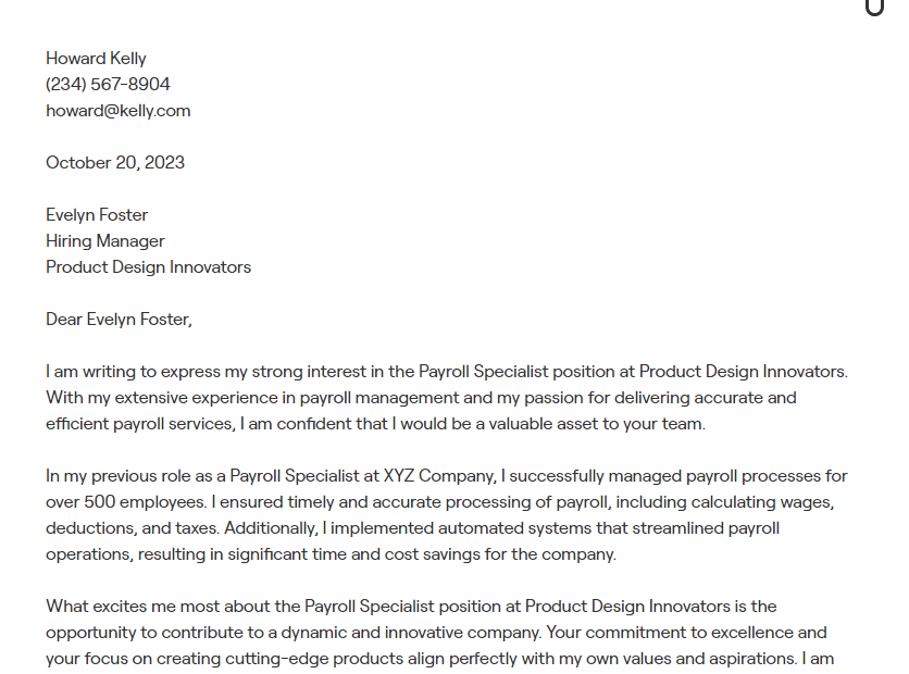 payroll specialist cover letter