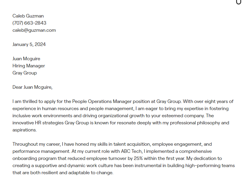 people operations manager cover letter