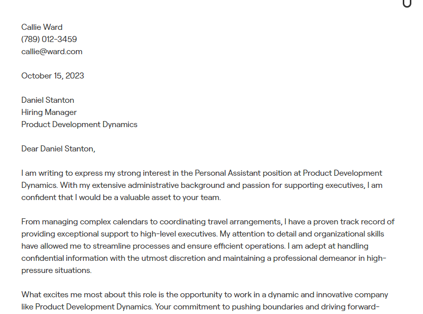personal assistant cover letter