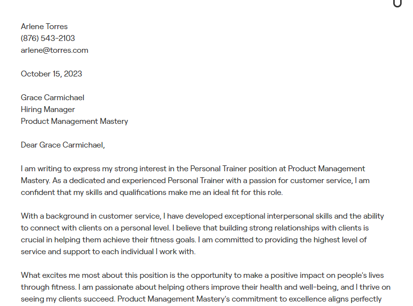 personal trainer cover letter