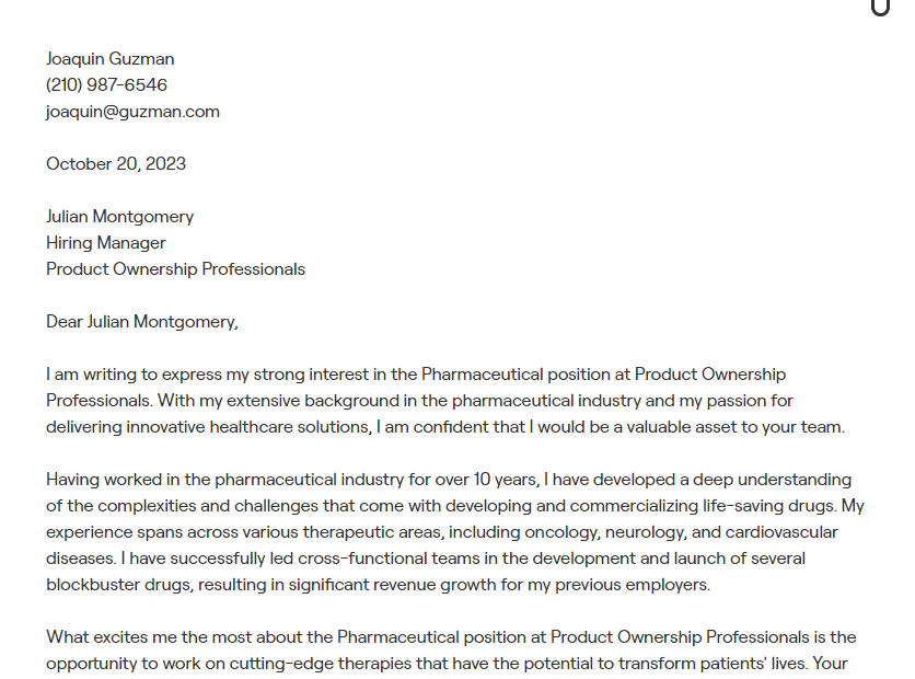 pharmaceutical cover letter