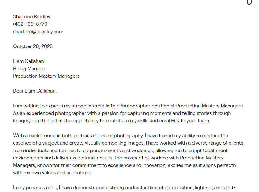 photographer cover letter