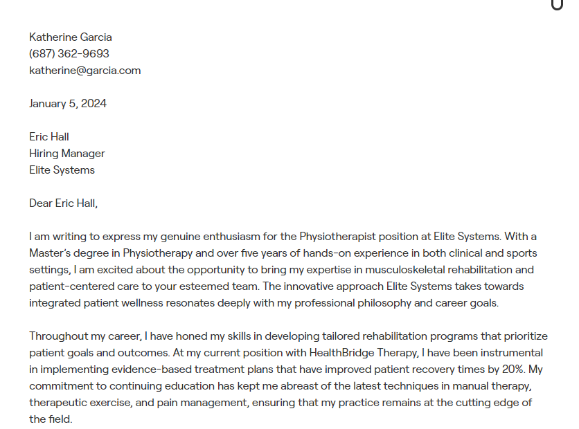 physiotherapist cover letter