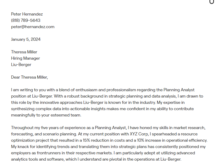 planning analyst cover letter
