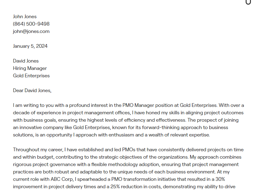 pmo manager cover letter