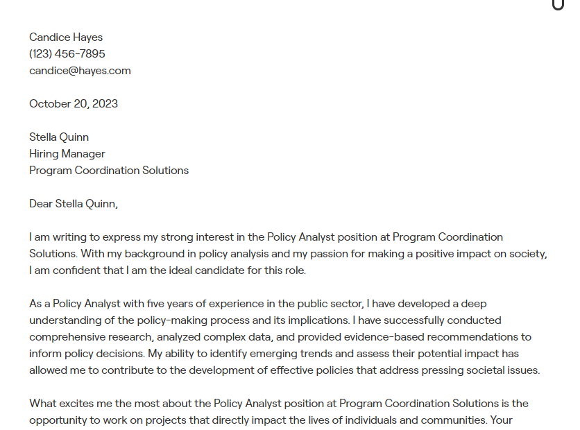 policy analyst cover letter