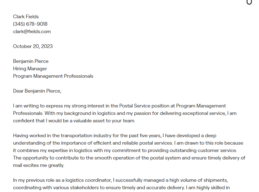 postal service cover letter