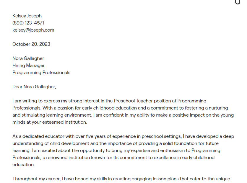 preschool teacher cover letter