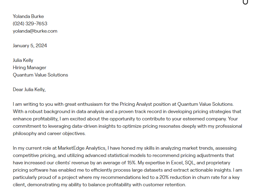 pricing analyst cover letter