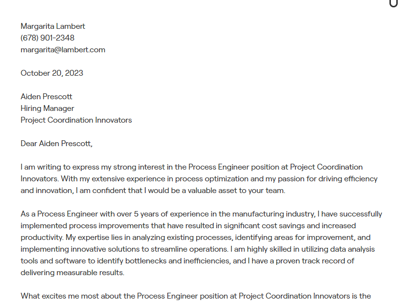 process engineer cover letter