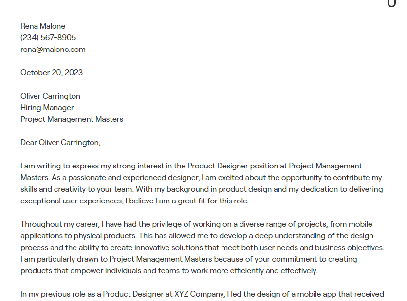 product designer cover letter