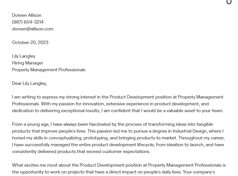 product development cover letter