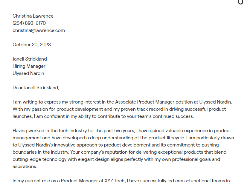 product manager cover letter
