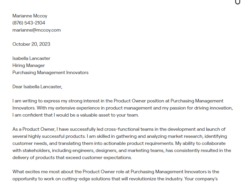 product owner cover letter
