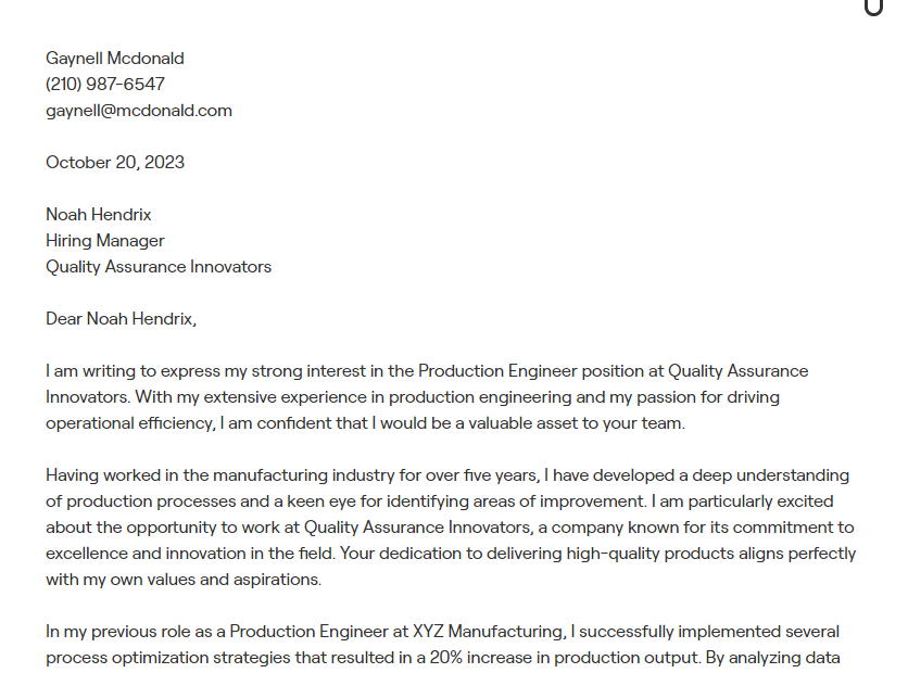 production engineer cover letter