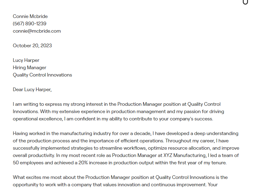 production manager cover letter