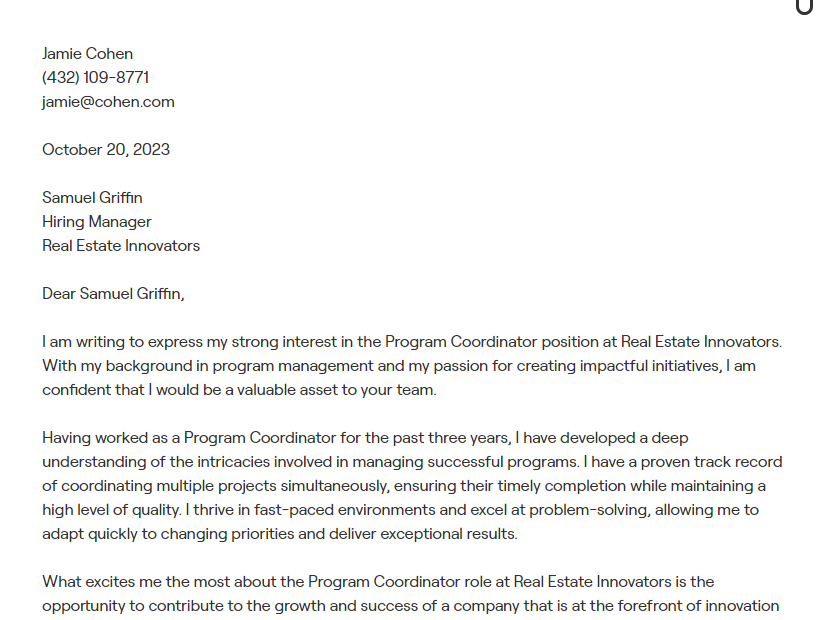 program coordinator cover letter